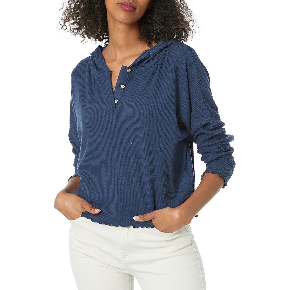 Roxy Navy‎ Blue Super Soft Ribbed Knit Henley Hoodie Lettuce Edge Cropped Small